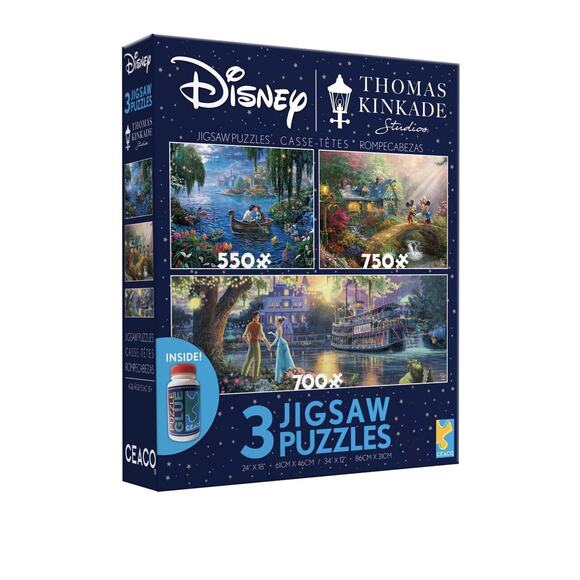 Thomas Kinkade Disney 3 Jigsaw Puzzles Little Mermaid, Princess & Frog And Glue - Picture 1 of 3